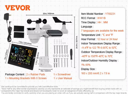 7-In-1 Wireless Weather Station,7.5In Large Color Display, Digital Weather Station Indoor Outdoor,For Temperature Humidity