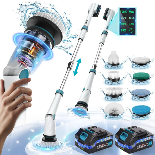 Electric Scbbruer with 2 Batteries,1200Rpm Electric Spin Scrubber with 8 Cleaning Brushes, Electric Cleaning Brush for Tub/Kitchen/Wall/Floor