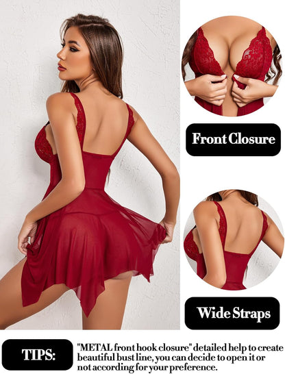 Women Lace Lingerie Front Closure Babydoll V Neck Nightwear Sexy Chemise Nightie