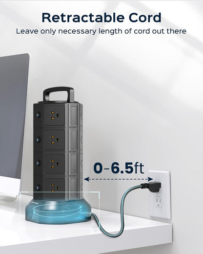 Power Strip Tower Surge Protector,  16 Outlets 6 USB (2 USB C) Charging Station, Extension Cord with Multiple Outlets, 1050J 1625W/13A Outlet Extender 6.5Ft Extension Cord for Home Office