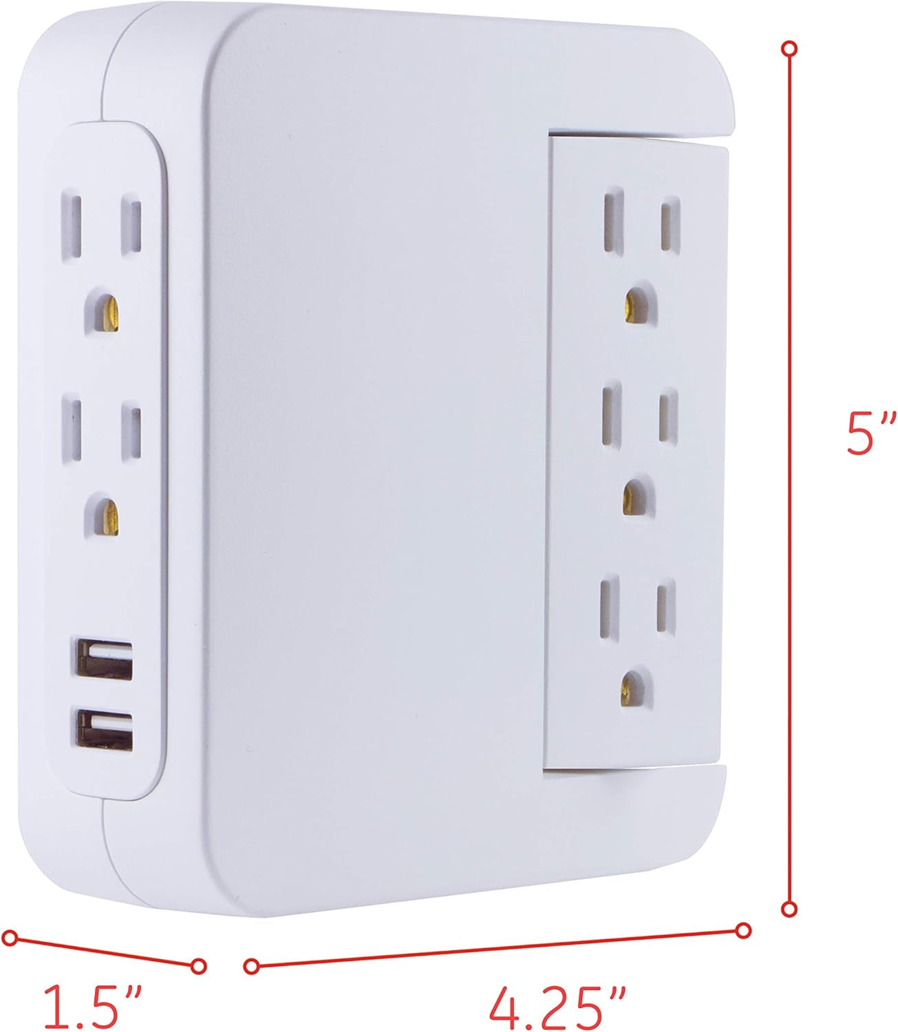 Pro Side-Access Swivel Sur Protector, 2 Pack, 5-Outlet Extender with 2 USB Ports, Wall Tap Adapter, Charging Station, 3-Prong, 560 Joules, 2.4 AMP/12 Watt, UL Listed, White, 55246