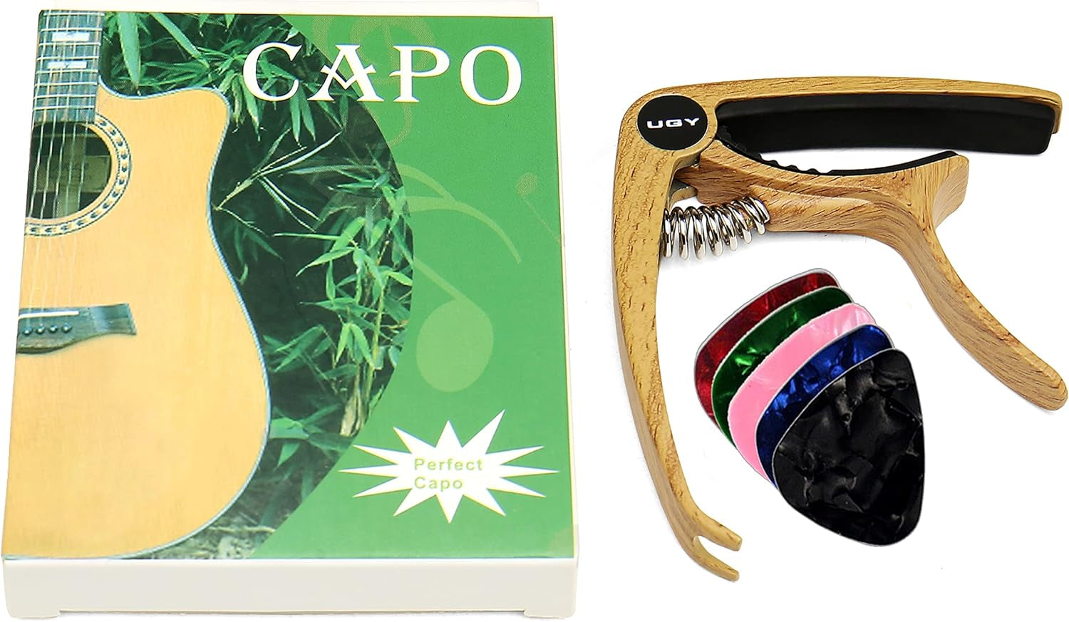 Capo Guitar Capo for Acoustic and Electric Guitars, Guitar Capo or Ukulele Capos - Original Wood with 5 Picks