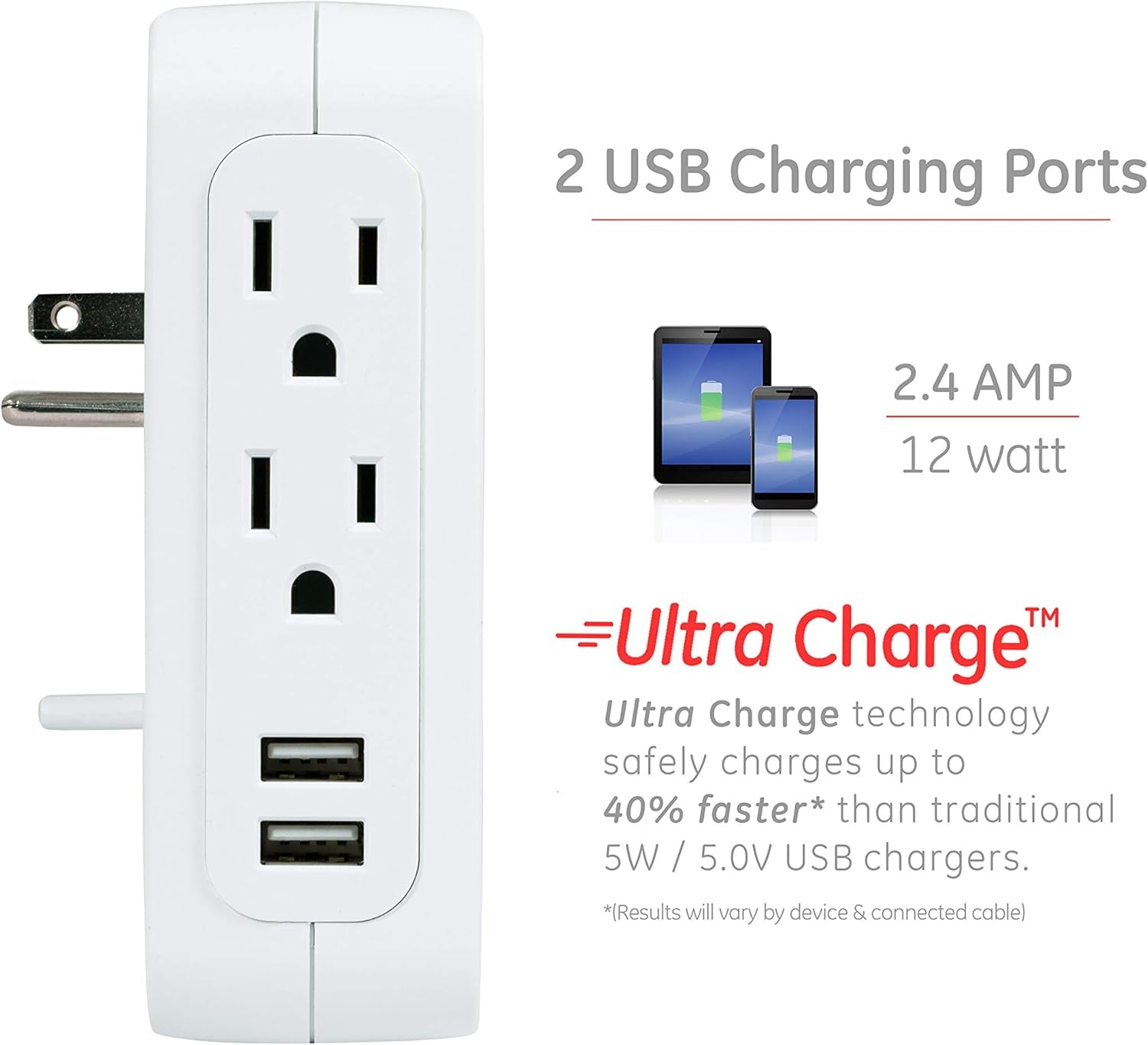 Pro Side-Access Swivel Sur Protector, 2 Pack, 5-Outlet Extender with 2 USB Ports, Wall Tap Adapter, Charging Station, 3-Prong, 560 Joules, 2.4 AMP/12 Watt, UL Listed, White, 55246