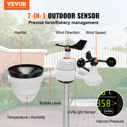 7-In-1 Wireless Weather Station,7.5In Large Color Display, Digital Weather Station Indoor Outdoor,For Temperature Humidity