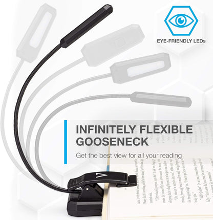 Rechargeable Book Light - 60 Hour Eye Protection Leds, Clip & Clamp, 3 Modes, Warm White (Black)