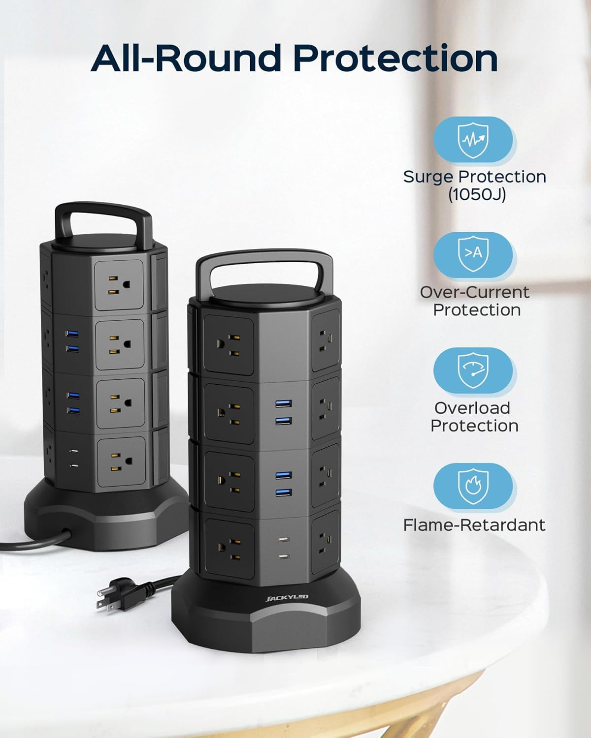 Power Strip Tower Surge Protector,  16 Outlets 6 USB (2 USB C) Charging Station, Extension Cord with Multiple Outlets, 1050J 1625W/13A Outlet Extender 6.5Ft Extension Cord for Home Office