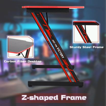 Z-Shaped Gaming Desks with Headphone Hook and Adjustable Feet Gaming Table Desk, Red