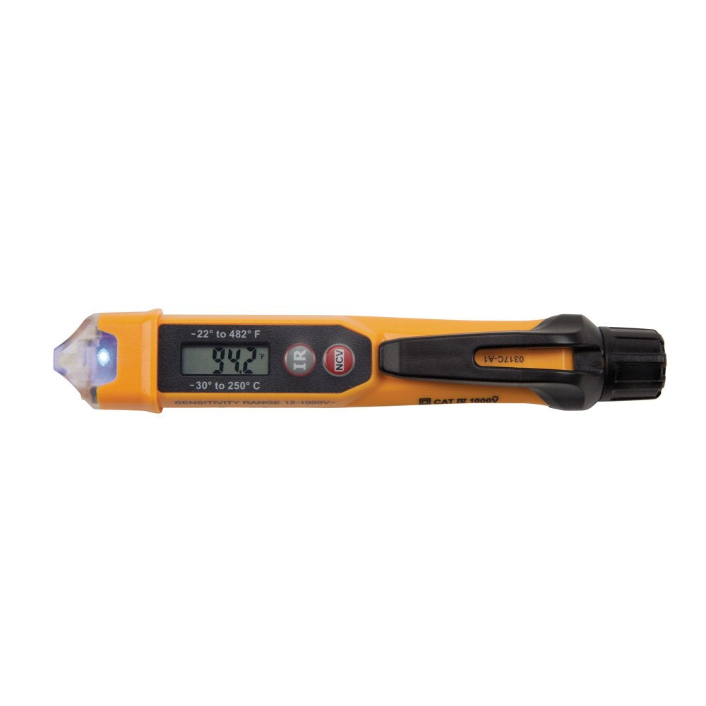 NCVT-4IR Non-Contact Volt Tester, 12 - 1000V AC Pen with IR Thermometer -22 to 482 Deg F, LED and Audible Alarms, Pocket Clip