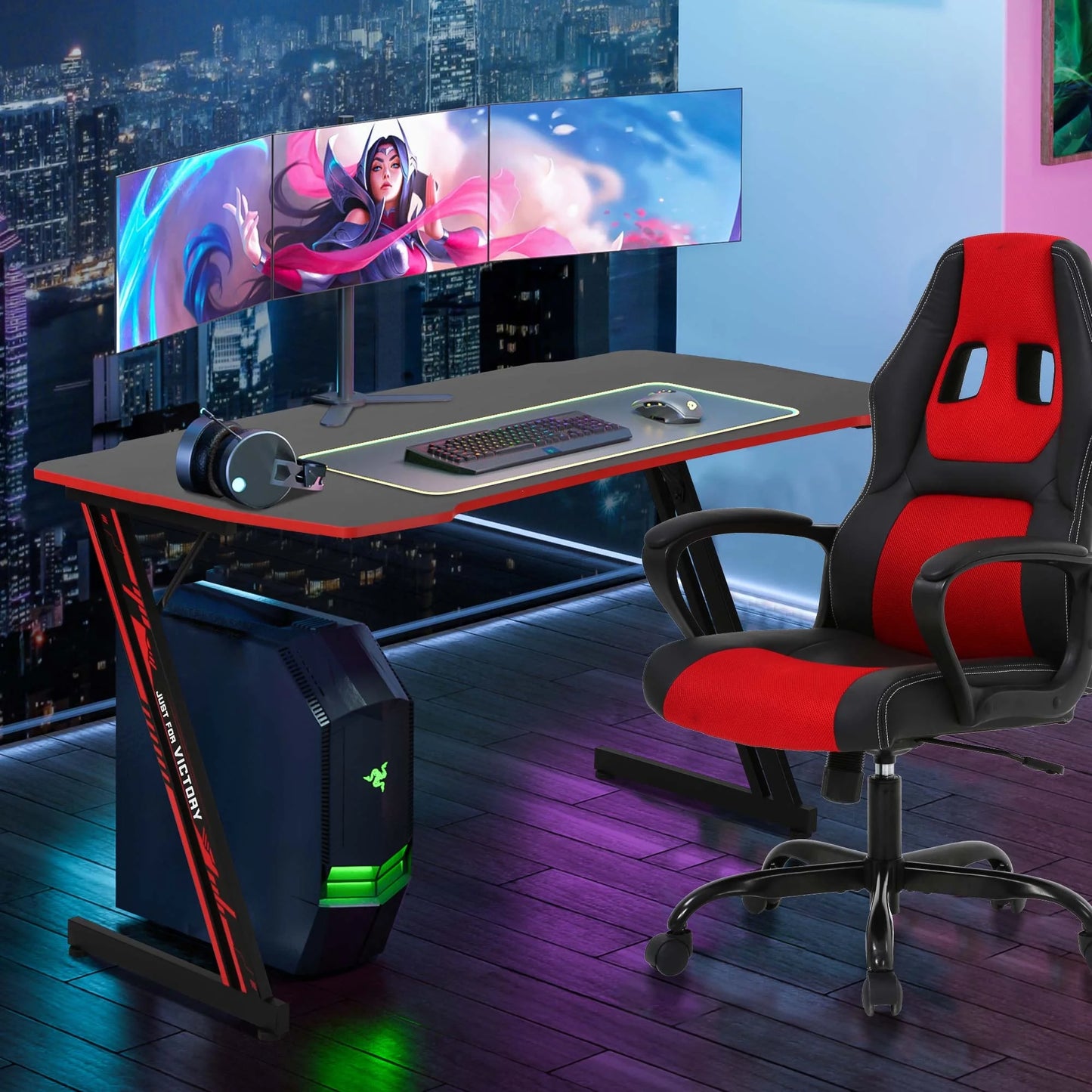 Z-Shaped Gaming Desks with Headphone Hook and Adjustable Feet Gaming Table Desk, Red