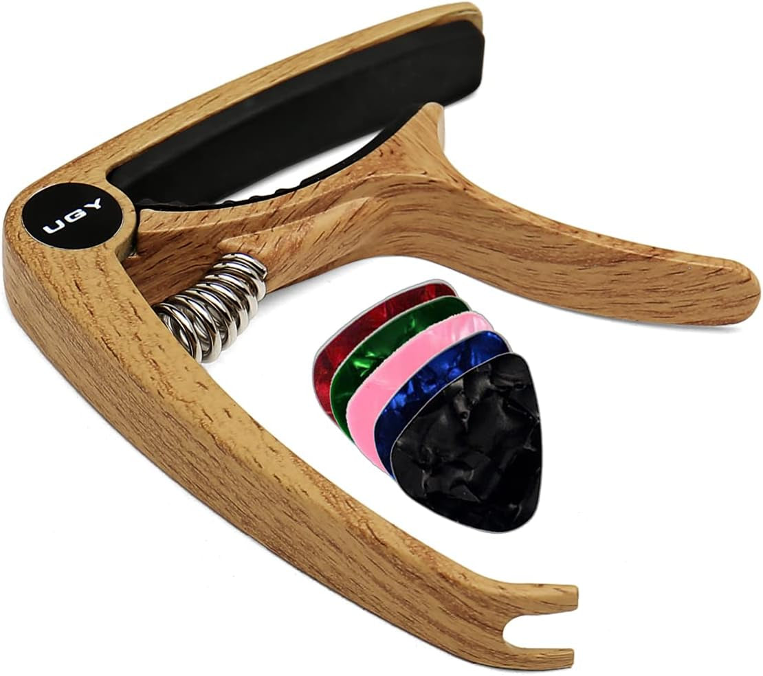 Capo Guitar Capo for Acoustic and Electric Guitars, Guitar Capo or Ukulele Capos - Original Wood with 5 Picks