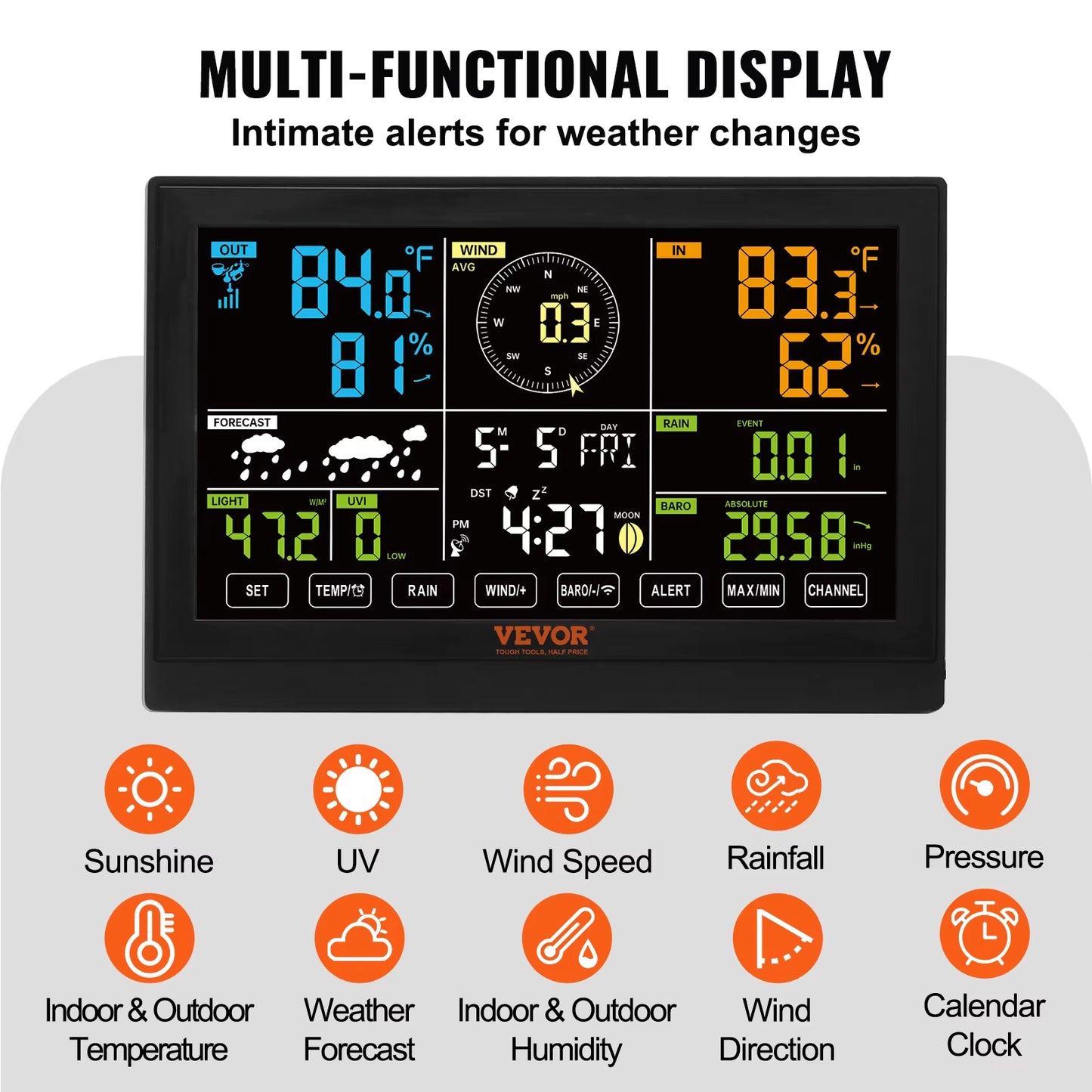 7-In-1 Wireless Weather Station,7.5In Large Color Display, Digital Weather Station Indoor Outdoor,For Temperature Humidity