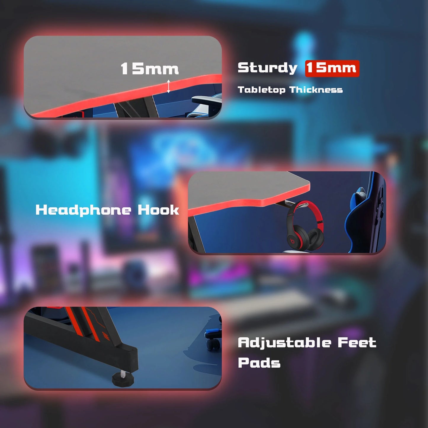 Z-Shaped Gaming Desks with Headphone Hook and Adjustable Feet Gaming Table Desk, Red